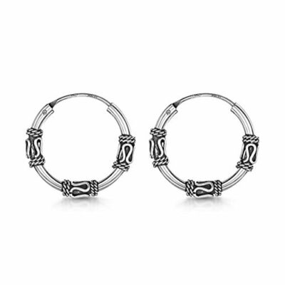 Amberta Pendientes de Aro Bali para Mujer en Plata de Ley 925: Tres Cuentas de ZigZag 20mm