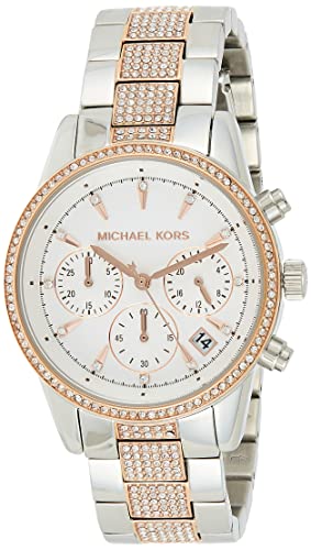 Michael Kors Reloj para Mujer RITZ, Caja de 37 mm, Movimiento Cronógrafo de Cuarzo, Correa de Acero Inoxidable, Oro Rosa y Ajente