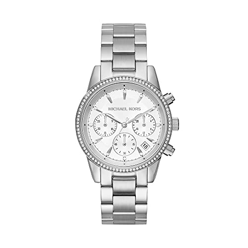 Michael Kors Reloj para Mujer RITZ, Caja de 37 mm, Movimiento Cronógrafo de Cuarzo, Correa de Acero Inoxidable, Plata