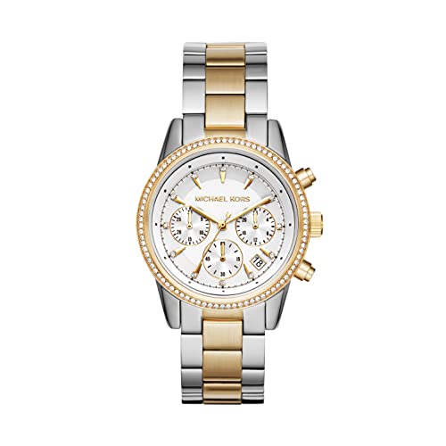 Michael Kors Reloj para Mujer RITZ, Caja de 37 mm, Movimiento Cronógrafo de Cuarzo, Correa de Acero Inoxidable, Oro Plateado