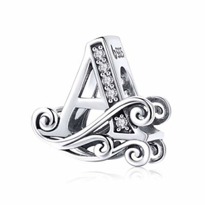 Lorrifal Alfabeto Inicial Encanto Letra Completa A-Z Letra Sólida Plata de Ley 925 Cubic Zircons Cuenta Cuelgan Colgante para Pandora European Pulsera Collar Mujeres Niñas Joyería Opcione de Regalo