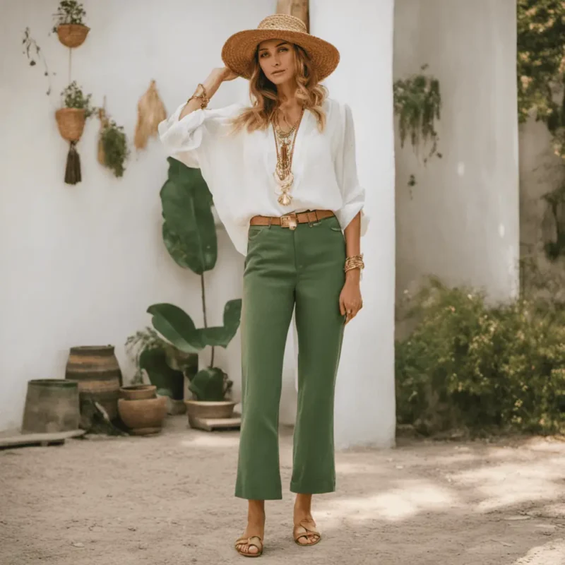 mujer outfit pantalon verde blusa blanca