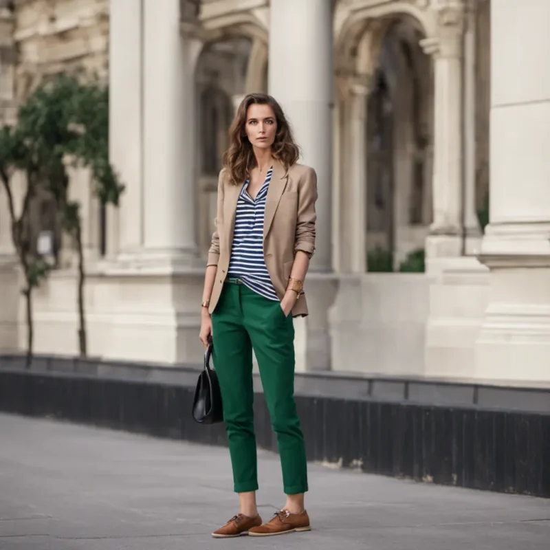 outfit formal pantalon verde camisa rayas