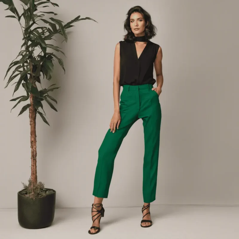 outfit pantalones verdes blusa negray sandalias