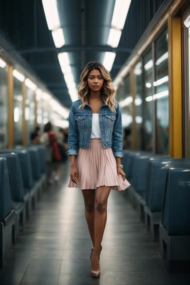 outfit chaqueta vaquera falda plisada corta